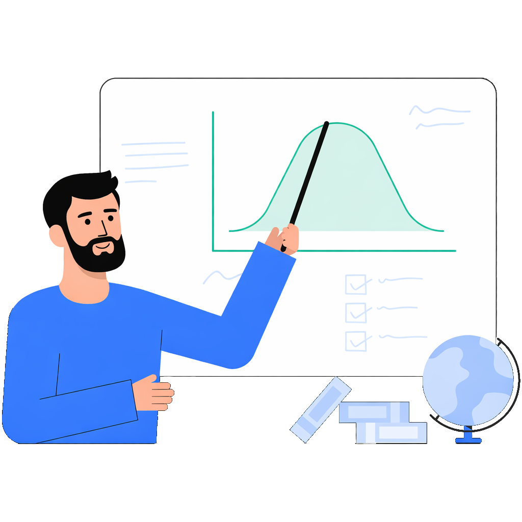 Illustration of a teacher explaining a lecture chart in front of a classroom board
